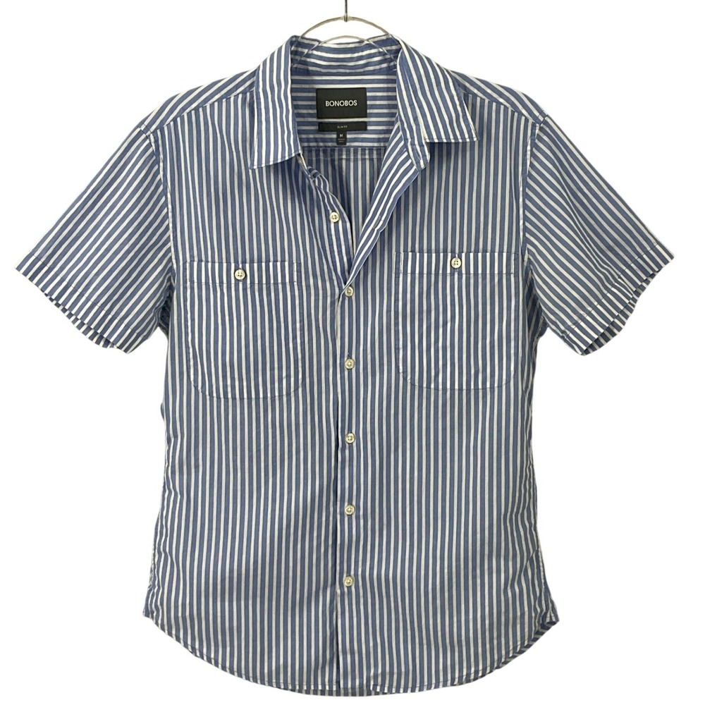 Bonobos Button Down Shirt Mens M Blue Striped Slim Fit Short Sleeve Pockets